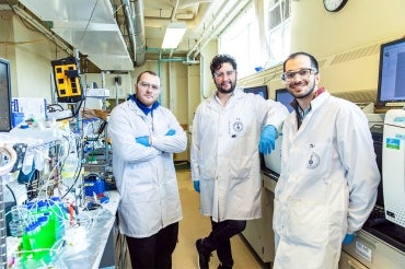 Photo of Adnan Ozden, F. Pelayo García de Arquer and Joshua Wicks in the lab