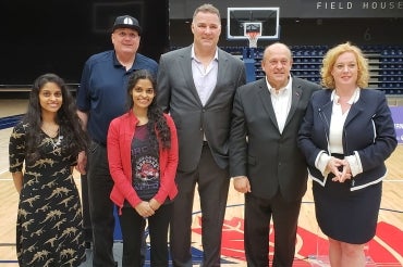 Sandhya and Swapna Mylabathula with Gordon Stringer, Eric Lindros and Ministers Michael Tibollo and Lisa MacLeod