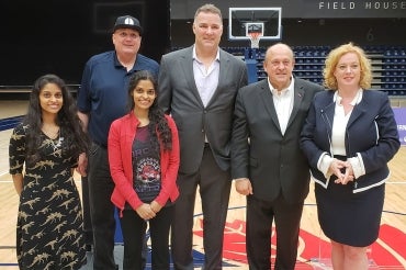 Sandhya and Swapna Mylabathula with Gordon Stringer, Eric Lindros and Ministers Michael Tibollo and Lisa MacLeod 