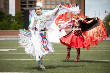 Alanna Pasche and Deanne Hupfield perform at an Indigenous vaccine clinic