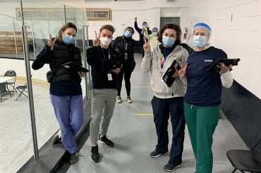 Left to right: Susannah Merritt, Noah Schonewille, Upasana Saha (middle, rear), Cass Mackey and Erin Bearss at the Albion Arena