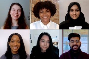 Clockwise from top left: U of T grads Natasha Djuric, Rebekah Robinson, Roshaneh Jaffer, Mueed Fiaz, Jayra Almanzor and Obianuju Nwadike