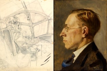 Left: Flight deck, ink and pencil on tracing paper, by Hubert Reginald Rogers. Right: Frederick Banting, oil on board, by Tibor Polya.