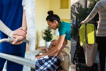 composite image shows female nurse holding an elderly person's hand, an asian nurse assisting a senior who is lying down at home and a woman pushing a baby stroller
