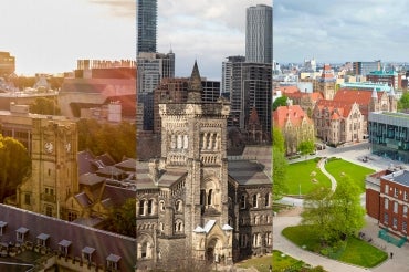From left to right: the campuses of the University of Melbourne, the University of Toronto and the University of Manchester