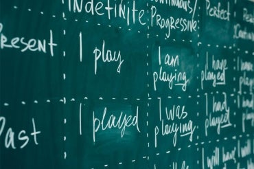 a chalkboard with different word tenses written on it