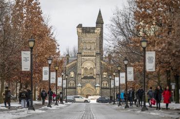 View north of King's College Road at U of T St. George campus during a winter day