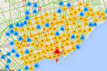 CVST map of the Greater Toronto area. The red, yellow and blue circles represent the number of data points in a specific location. 