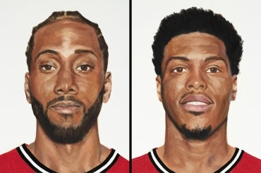 paintings depicting Kawhi Leonard and Kyle Lowry