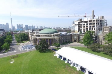 Drone photo of Convocation Hall and front campus