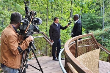 Wisdom Tetty speaks to CTV news at the new UTSC Valley land trail