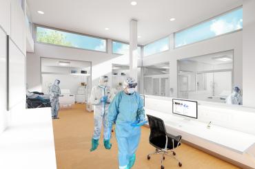 Rendering of medical staff working in the quick-build icu building