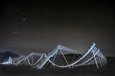 A photo of the CHIME telescope in B.C. at night