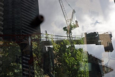 a crane is reflected in a window and behind the window there are plants