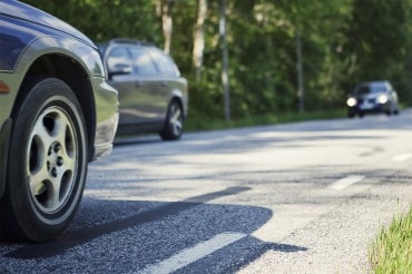 cars drive through a tree-lined road