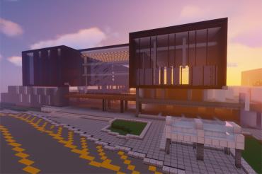 Exterior of Deerfield Hall at University of toronto mississauga recreated in minecraft