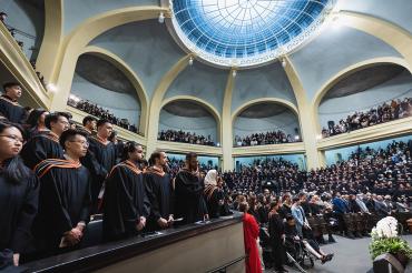 interior view of convocation hall showing graduands and the glass oculus 