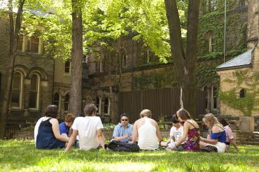 Students studying in UC quad