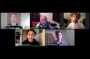 Muhaddisah Batool and four other participants in a zoom chat sing together, 