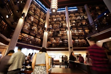 A view of the Interior of the Thomas Fisher Rare Book library looking up toward the ceiling 