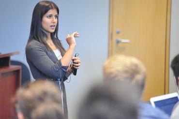 photo of Aisha Ahmad delivering lecture