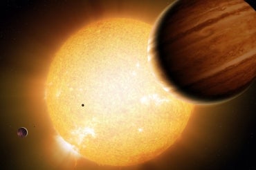 An artist’s portrayal of a Warm Jupiter gas-giant planet in orbit around its parent star, along with smaller companion planets