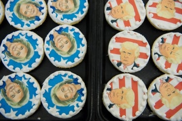 Donald Trump and Hillary Clinton cookies are on sale at the Oakmont Bakery on November 8, 2016 in Oakmont, Pennsylvania.