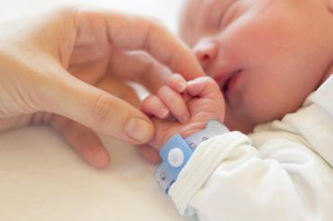 an adult hand holds the hand of a newborn child
