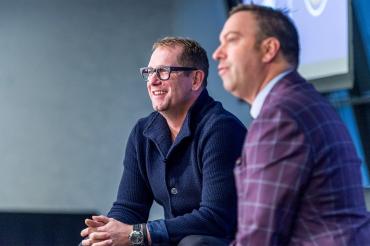 Nick Nurse and Elliotte Friedman on stage