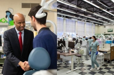 minister ahmed shakes hands with a student and another photo showing the dentistry teaching lab