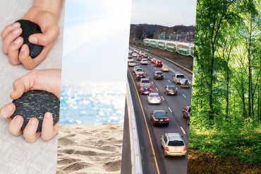 A composite image of hands holding stone, a sunny beach, traffic on the gardiner expressway in toronto with go train visible and a forest