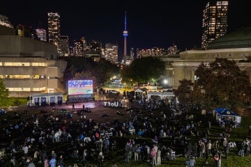 aerial view of front campus during the watch party with the cn tower in the background