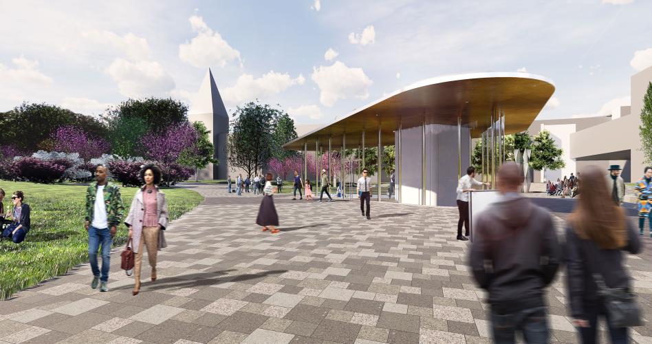 A rendering of people walking around a pavilion as part of the Landmark Project.