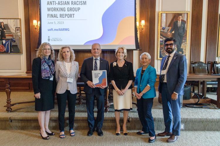 Group photo (L-R) Heather Boon, Cheryl Regehr, President Meric Gertler, Chancellor Rose Patten, Carol Chin and Vikram Chadalawada