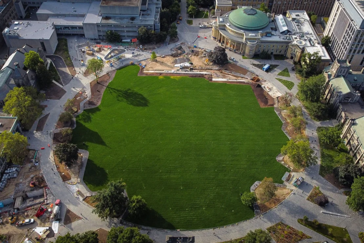 aerial view of front campus showing the completed lawn surface in fall 2023