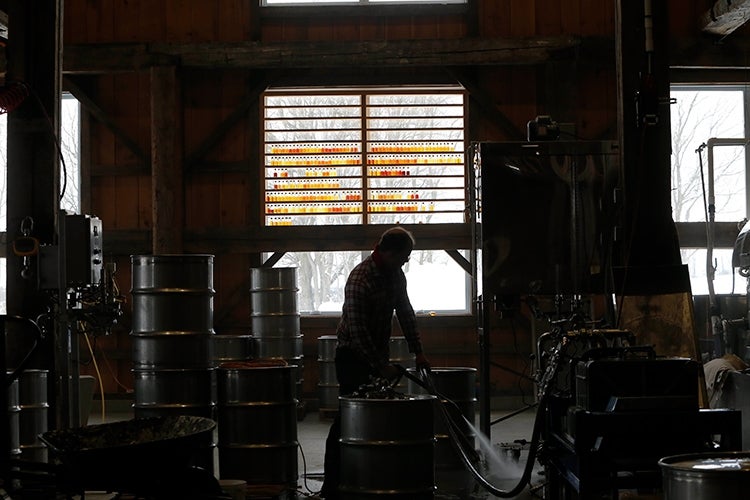 A worker a silhouetted against a window with jars of maple syrup on it.