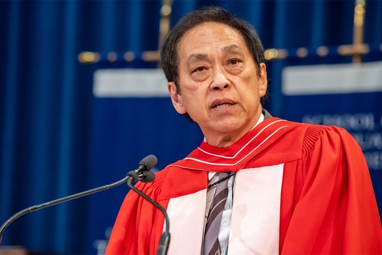 Bruce Kuwabara give his honorary degree speech during convocation