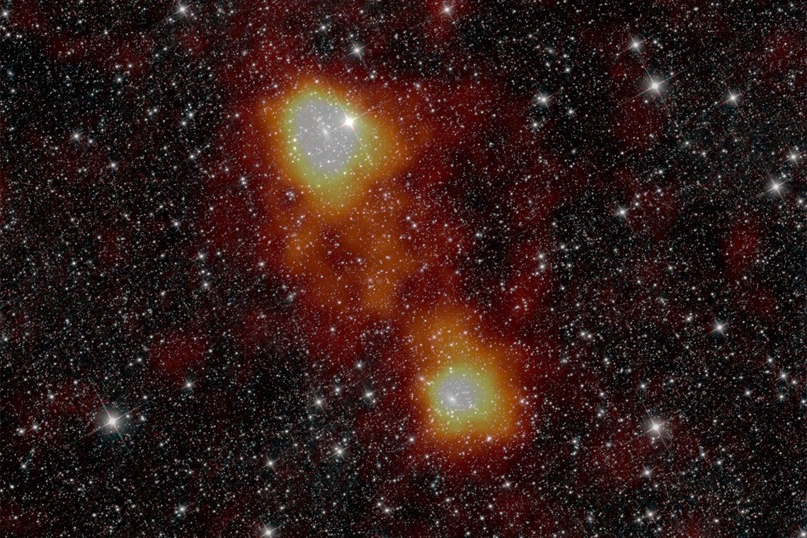 Gas measured by ACT+Planck (orange-red) superimposed over two galaxies observed by the Wide-field Infrared Survey Explorer. A filament of the cosmic web connects them